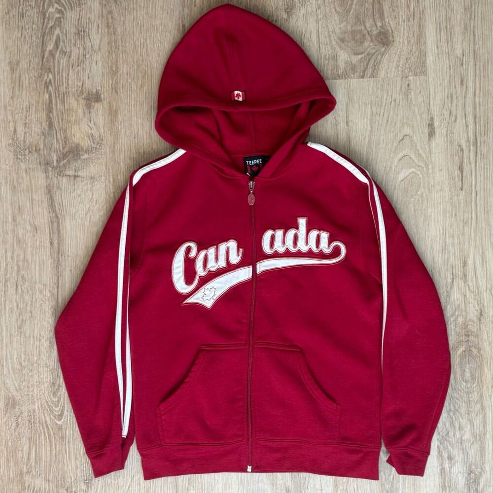 Teepee Zip-Up Y2K Hoodie Canada Maple Leaf Logo Red Size Small Full Zip